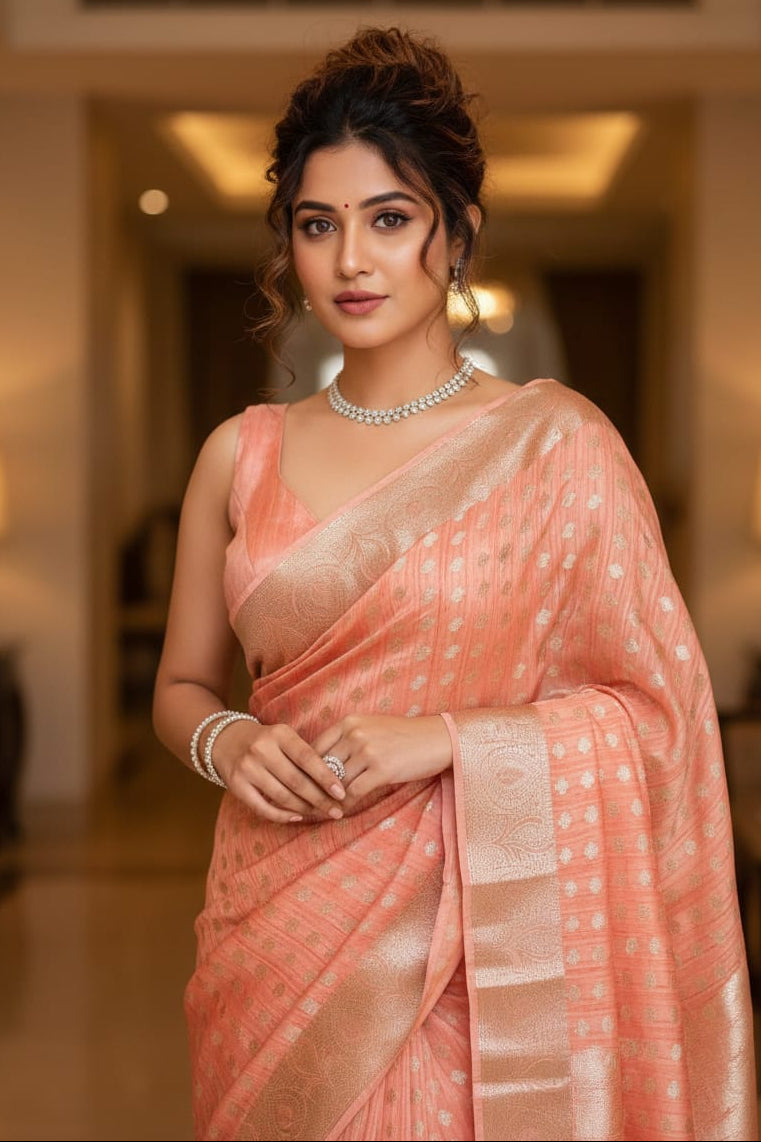 Woman in a peach saree with a blurred indoor background