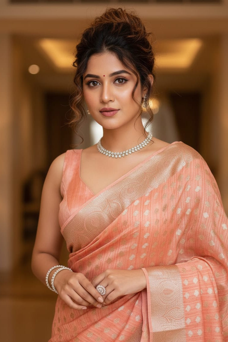 Woman in a peach saree with a blurred indoor background