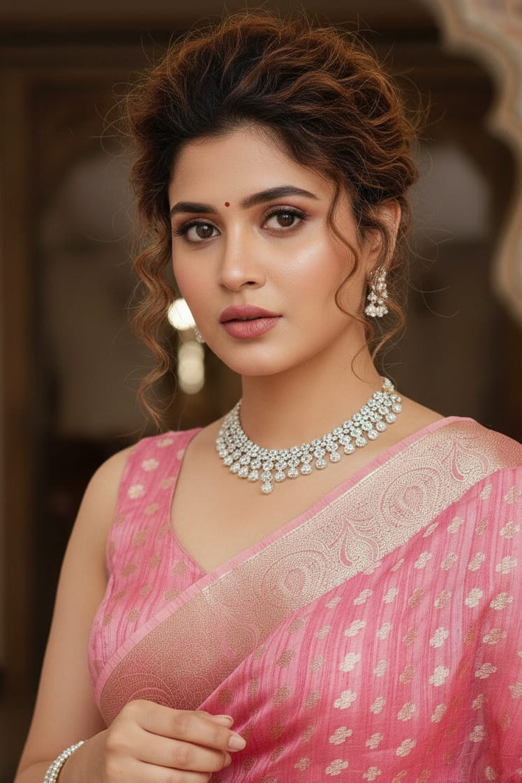 Woman in a pink saree with jewelry against a blurred background
