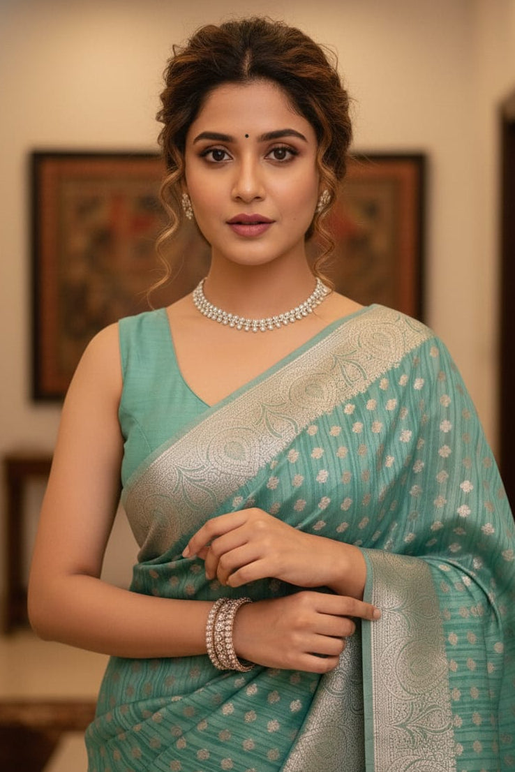 Woman in a teal saree with silver border indoors