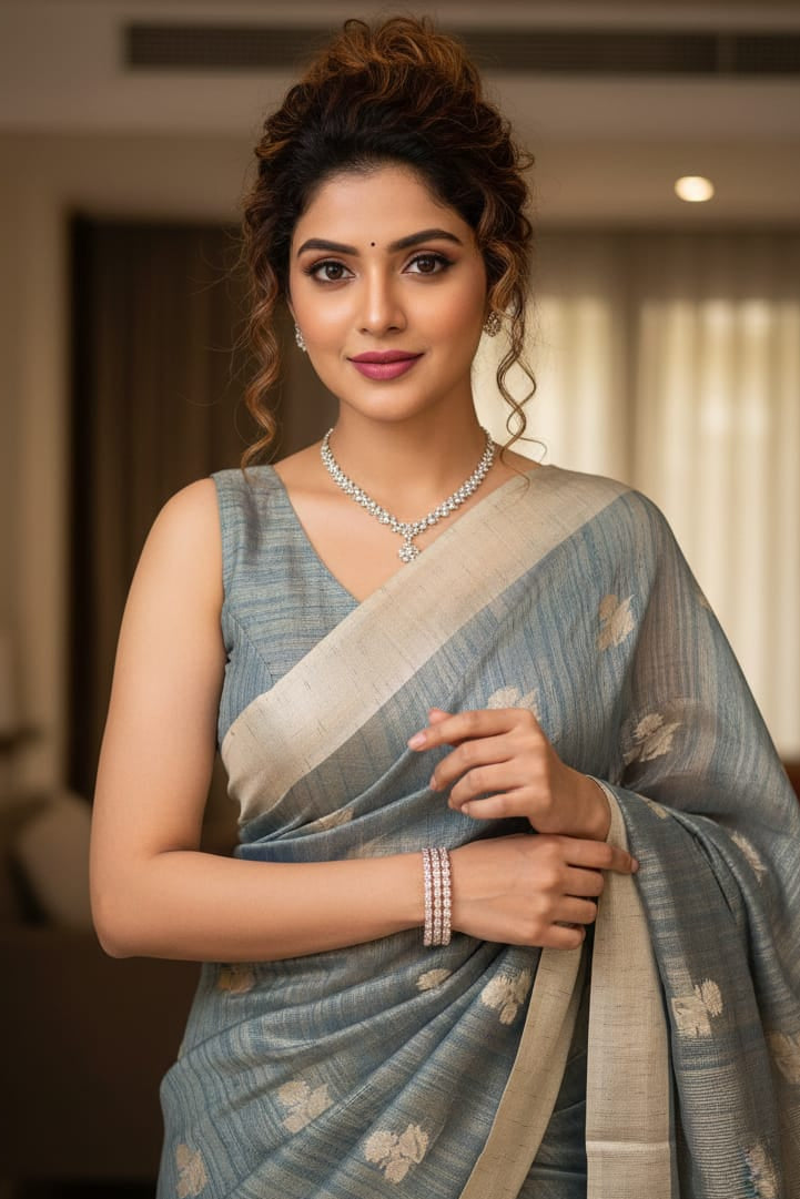 Woman in a light blue saree with a neutral background