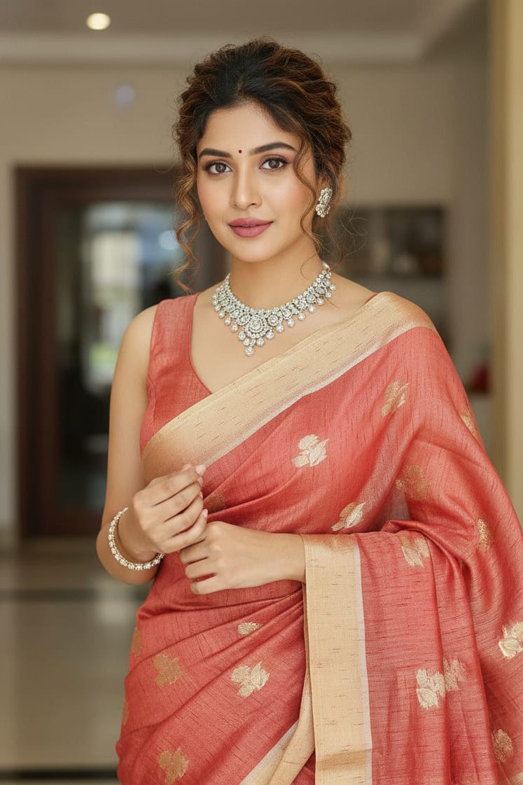 Woman in a pink saree with gold patterns indoors