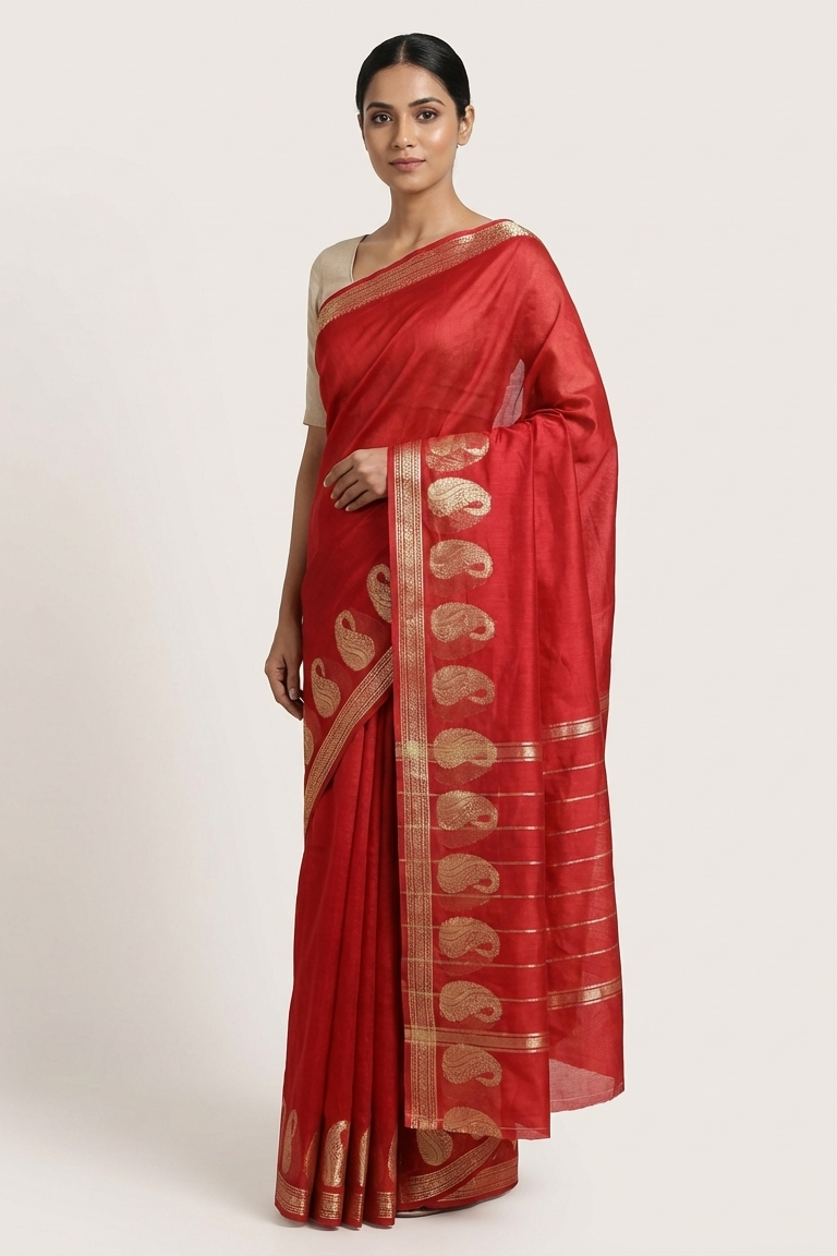 Woman wearing a red saree with gold patterns on a white background