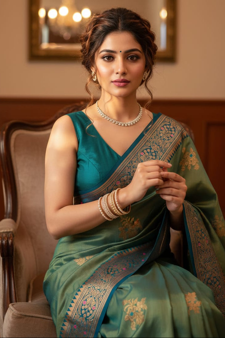 Woman in a green saree with intricate patterns sitting in an elegant room.