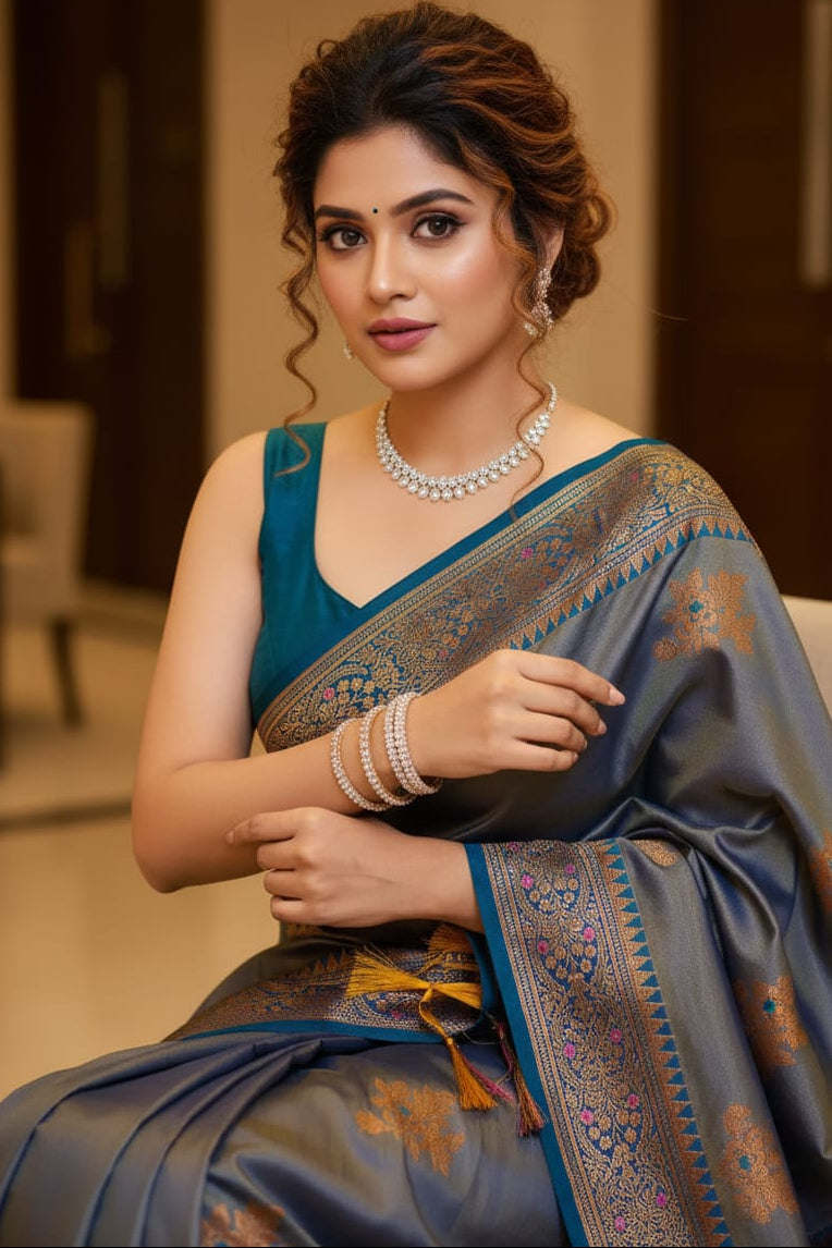 Woman in a traditional saree with jewelry indoors